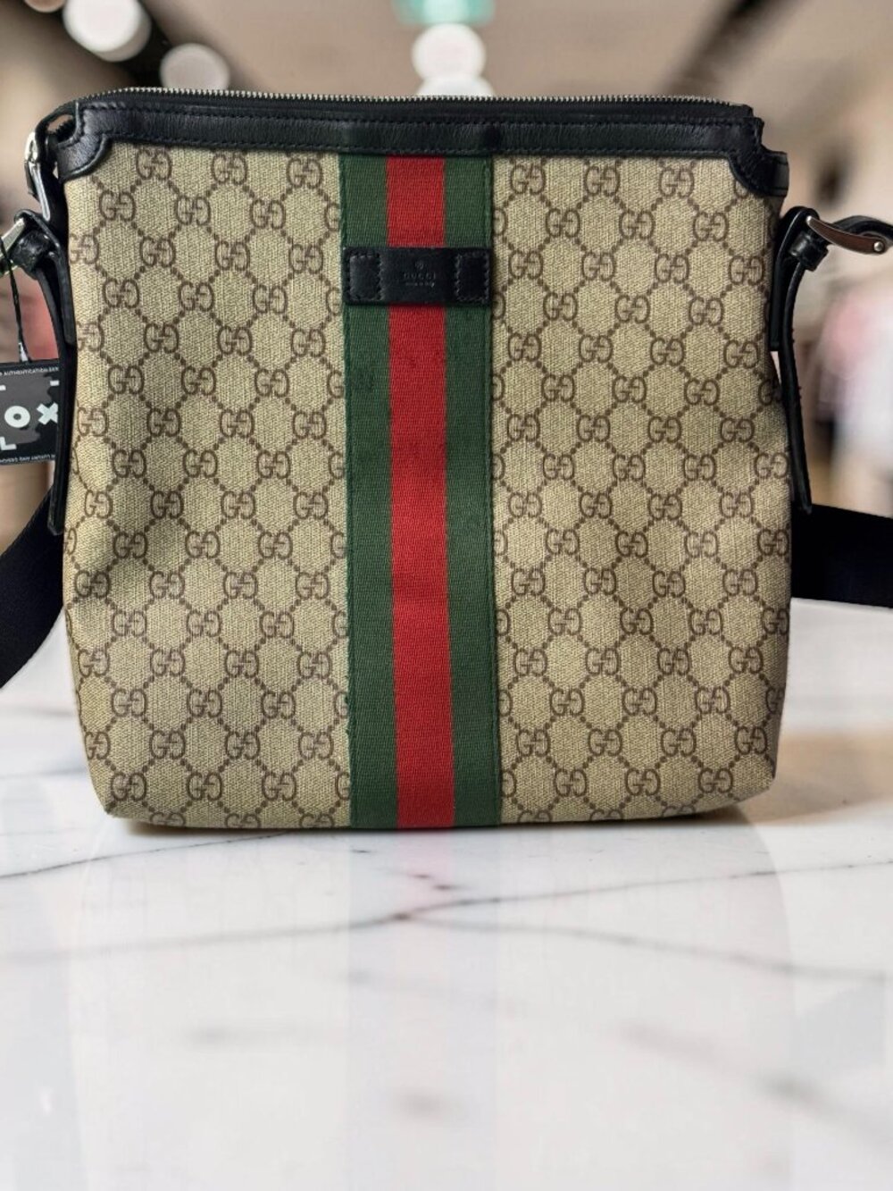 Gucci GG Supreme Web Crossbody Messenger Bag Beige Ebony